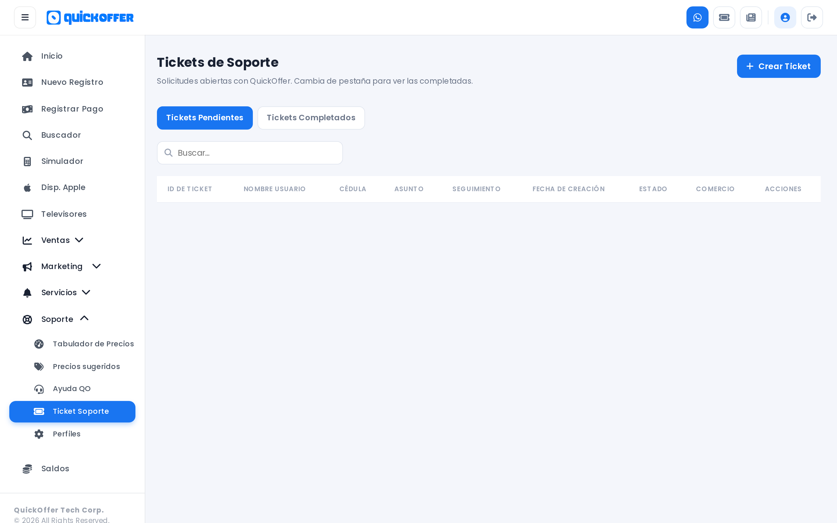 Lista de tickets de soporte con las pestañas Pendientes y Completados