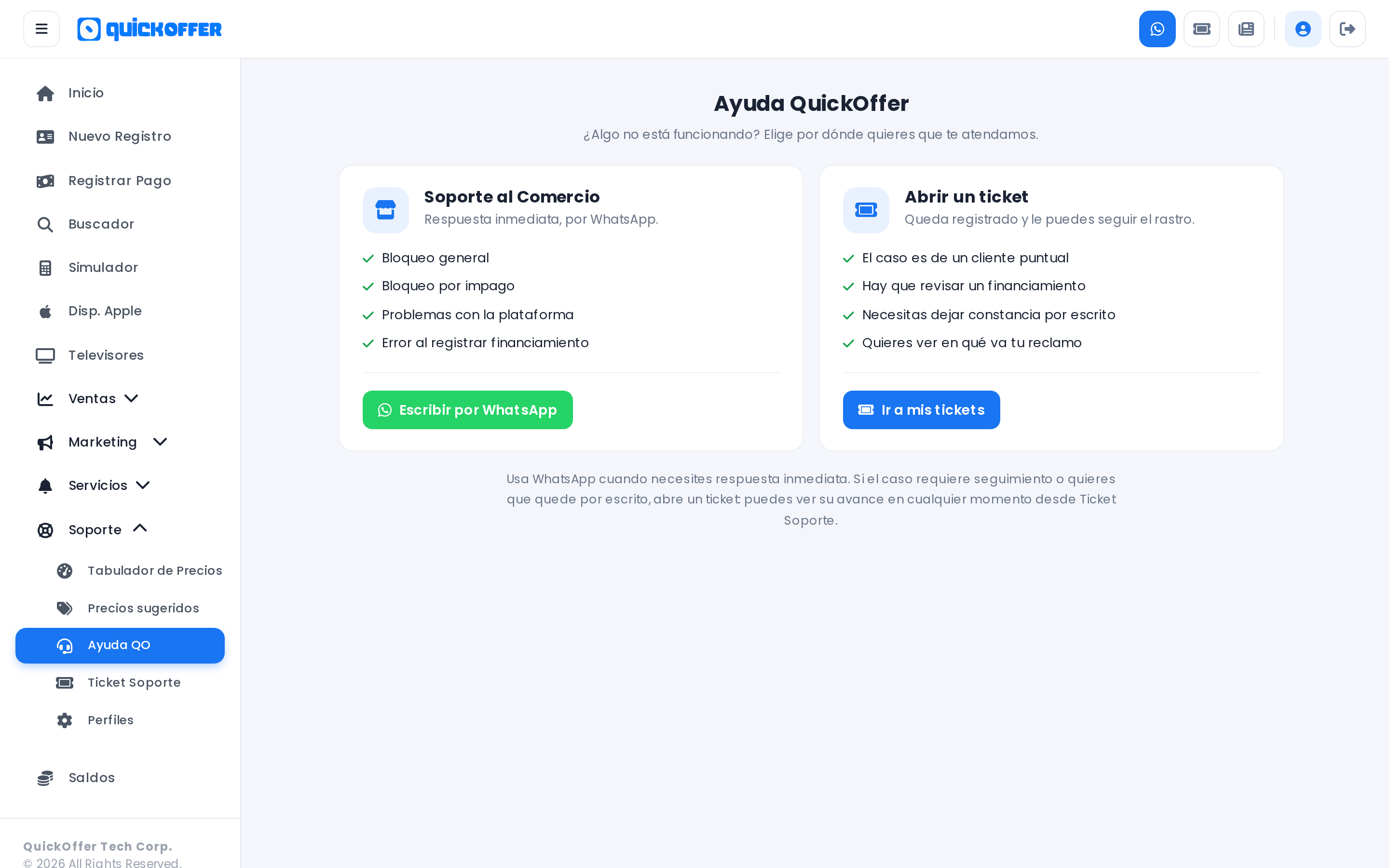 Pantalla Ayuda QuickOffer con las dos opciones de atención