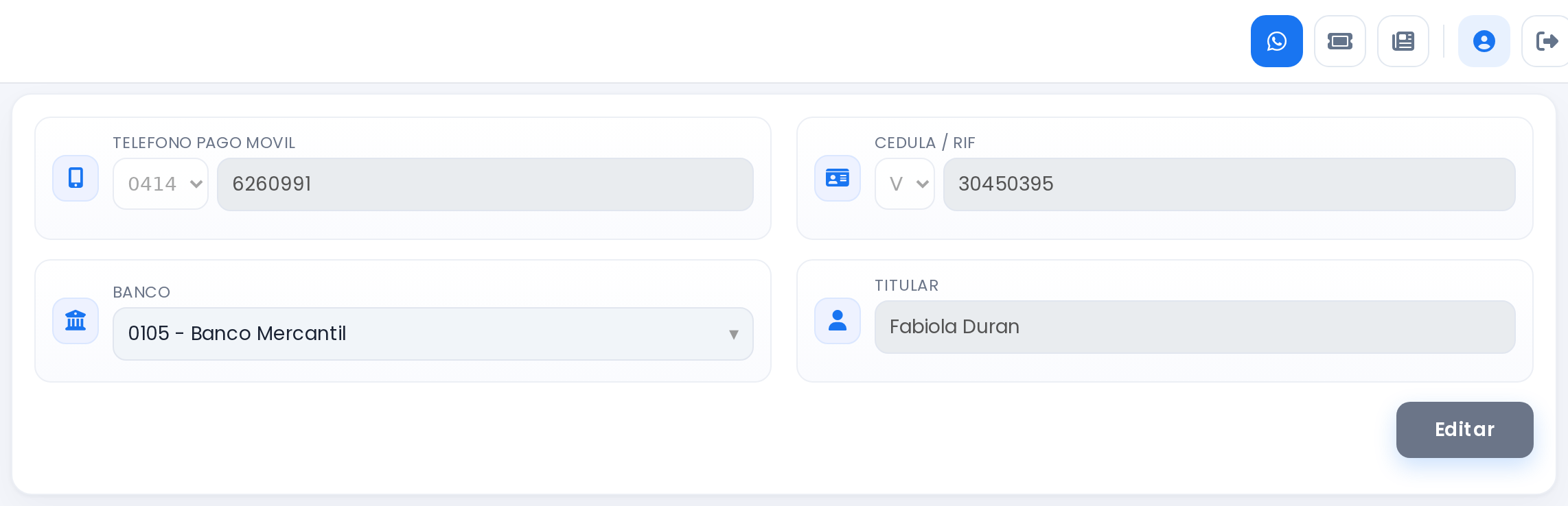 Ventana para cargar los datos de pago móvil