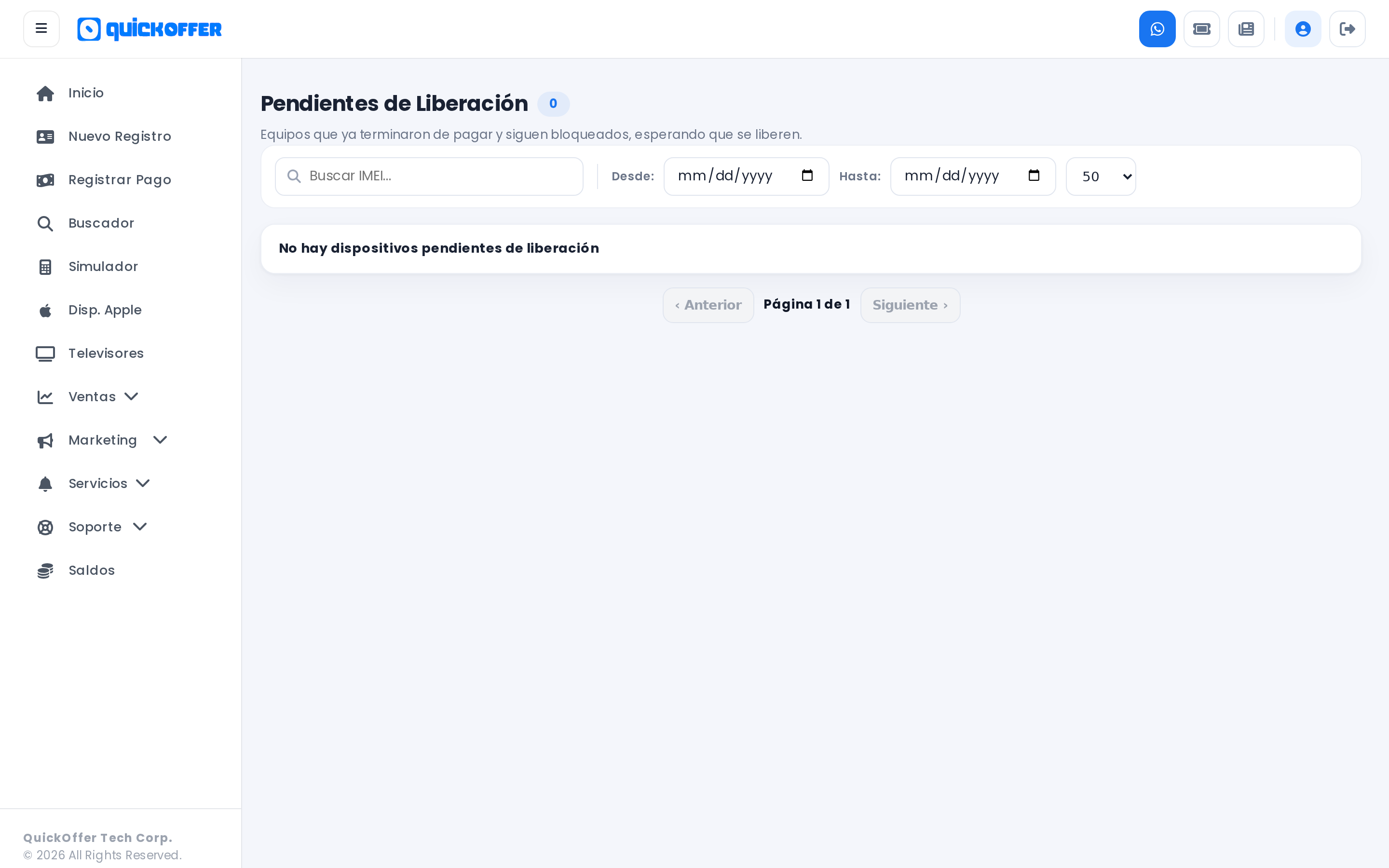 Pantalla Pendientes de Liberación con la lista de equipos y el botón Liberar