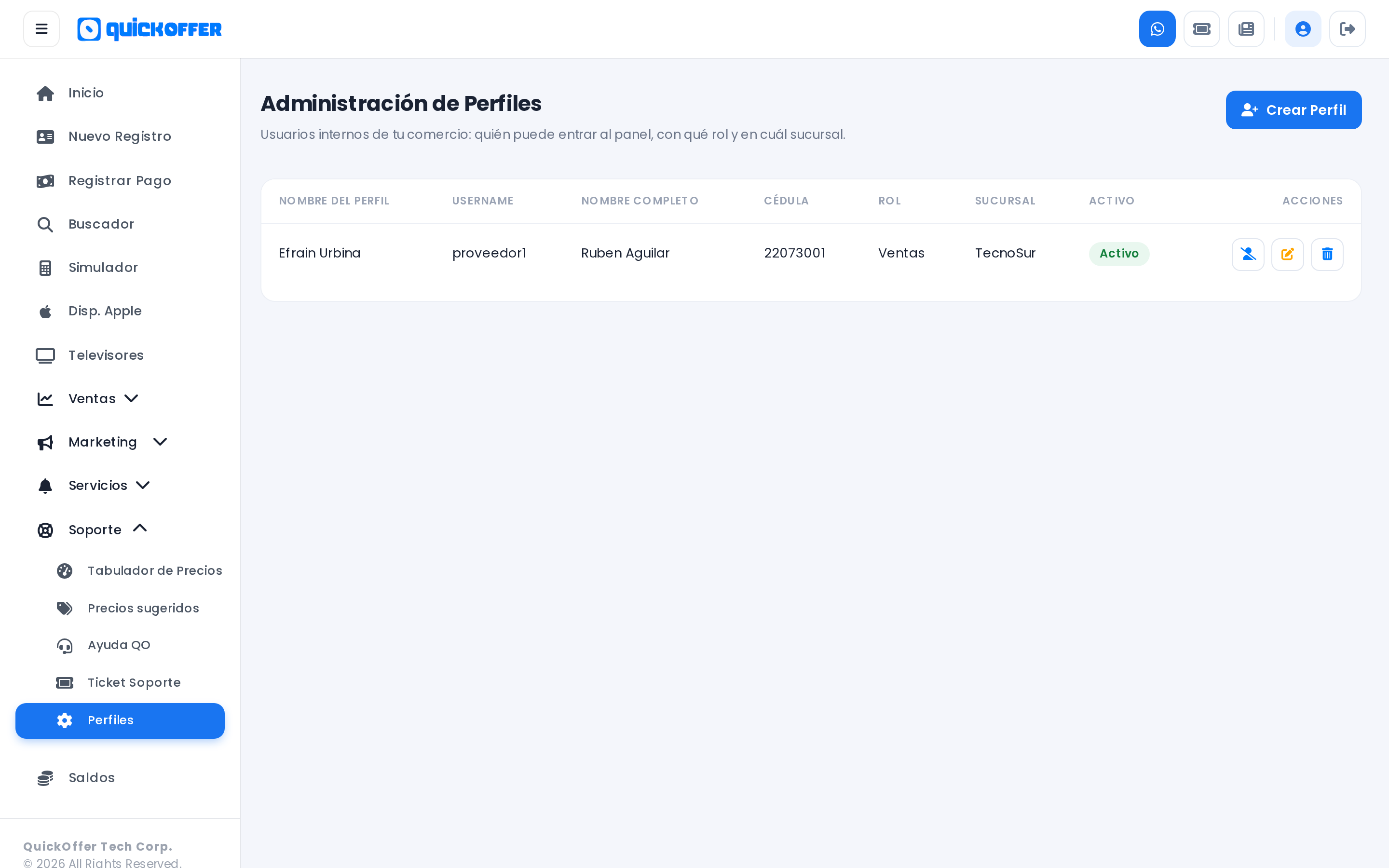 Vista de Administración de Perfiles