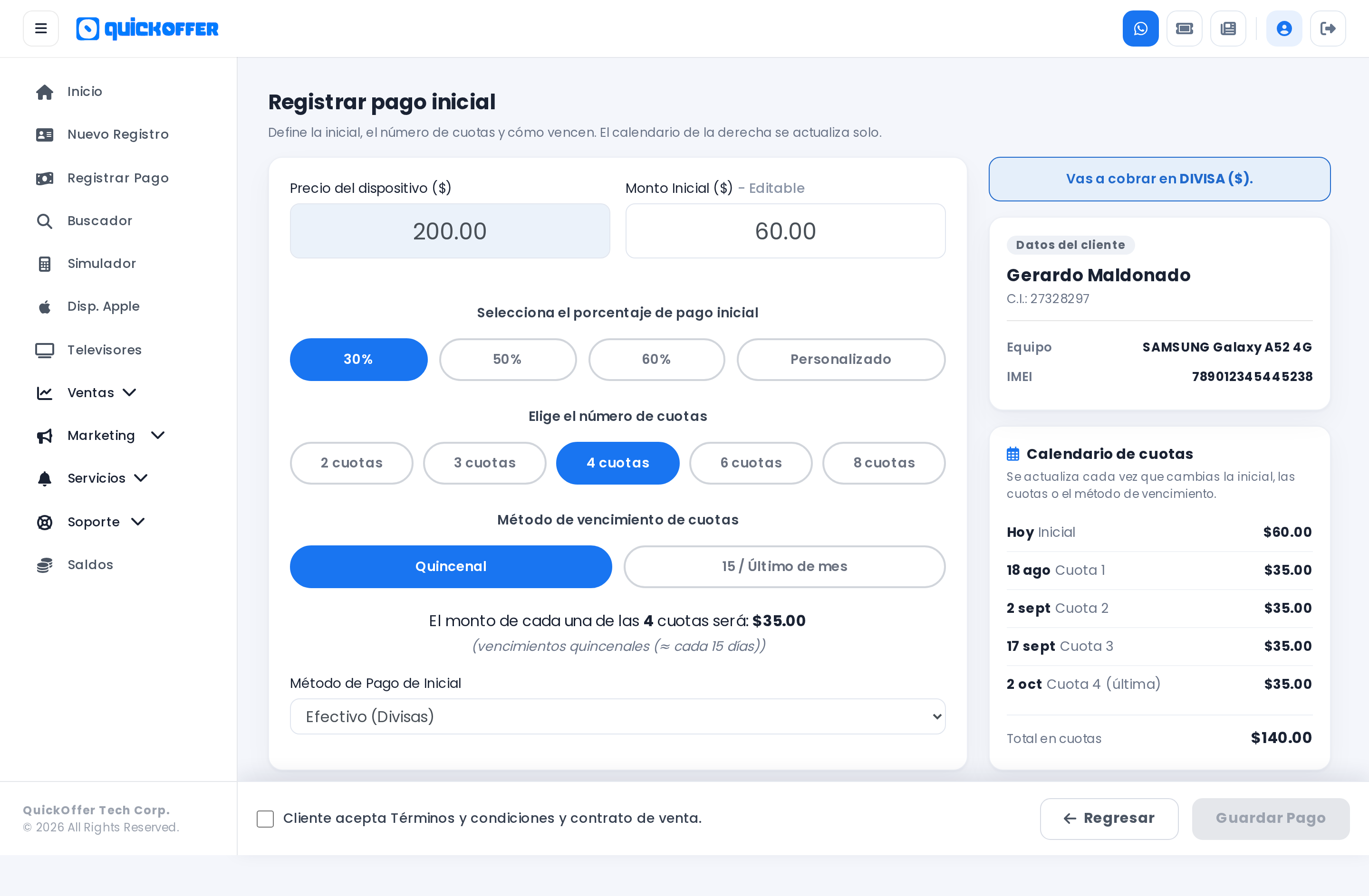 Pantalla Registrar pago inicial