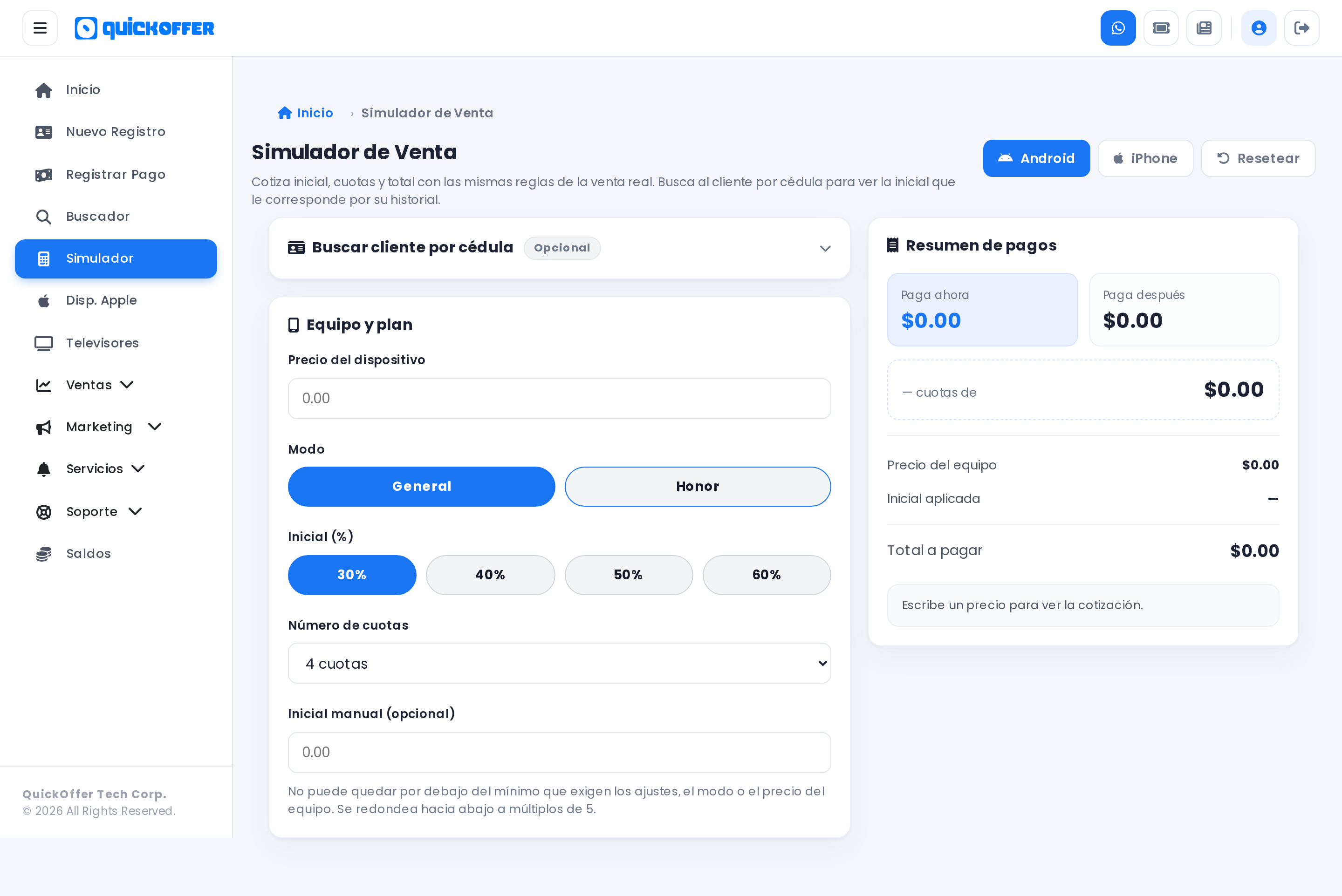 Simulador de Venta con el resumen de pagos